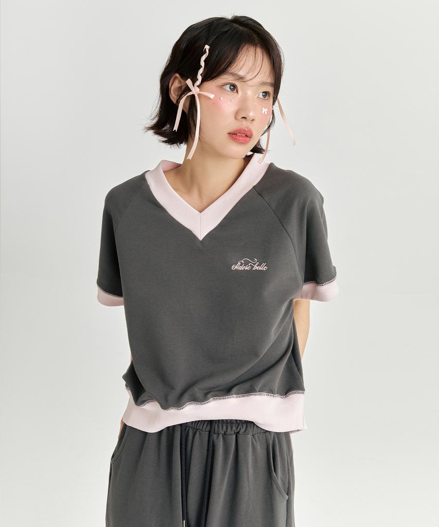 ADOREBELLE V-Neck Ribbon Sweatshirt - Charcoal