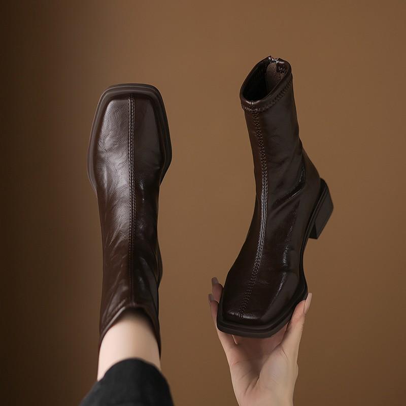 Retro Simple Square Head Rear Zipper High Thick Heel Short Tube Fashion Short Boots Children's New Autumn Black Brown