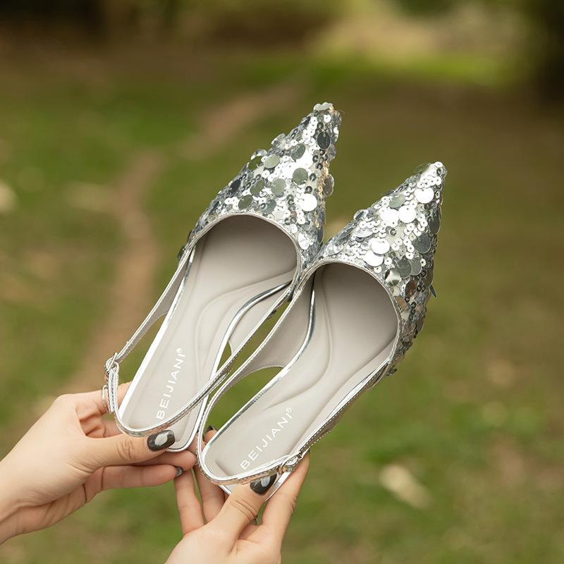 

Сандалии-стилетто женские с острым носком, с пайетками, с пряжкой, новинки весны и лета 39 серебряный