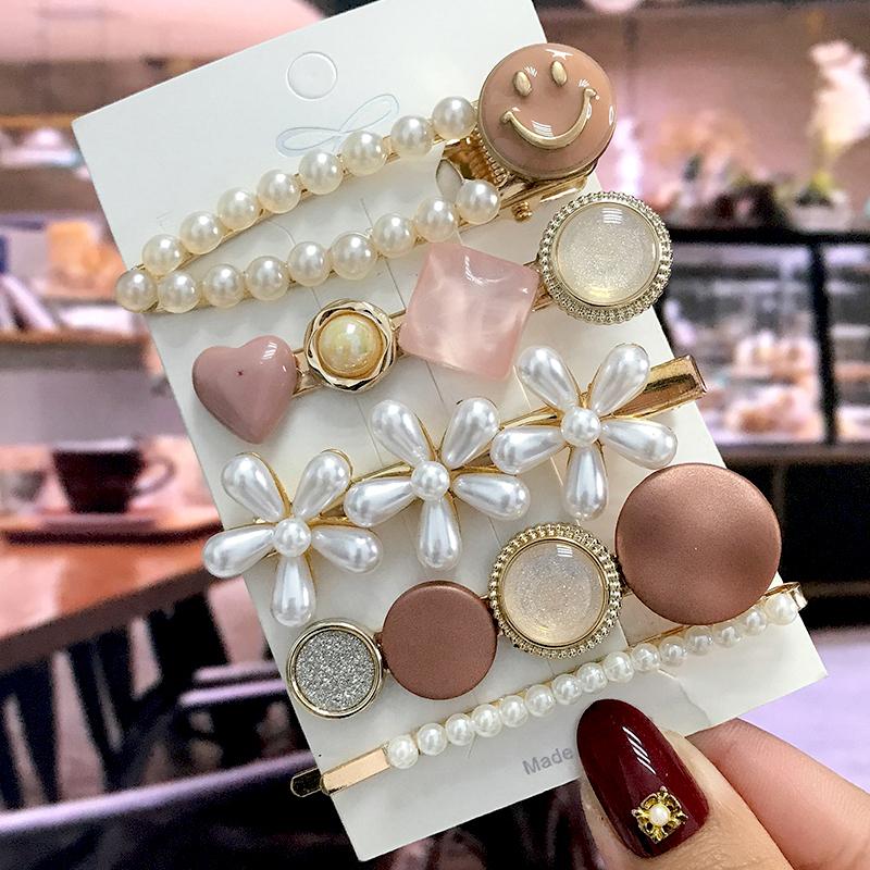 5Pcs/Set Fashion Smiley Pearl Hair Clip For Women Girl Geometric Acetate Barrettes Hairpin Headwear Hair Accessories  Trendy