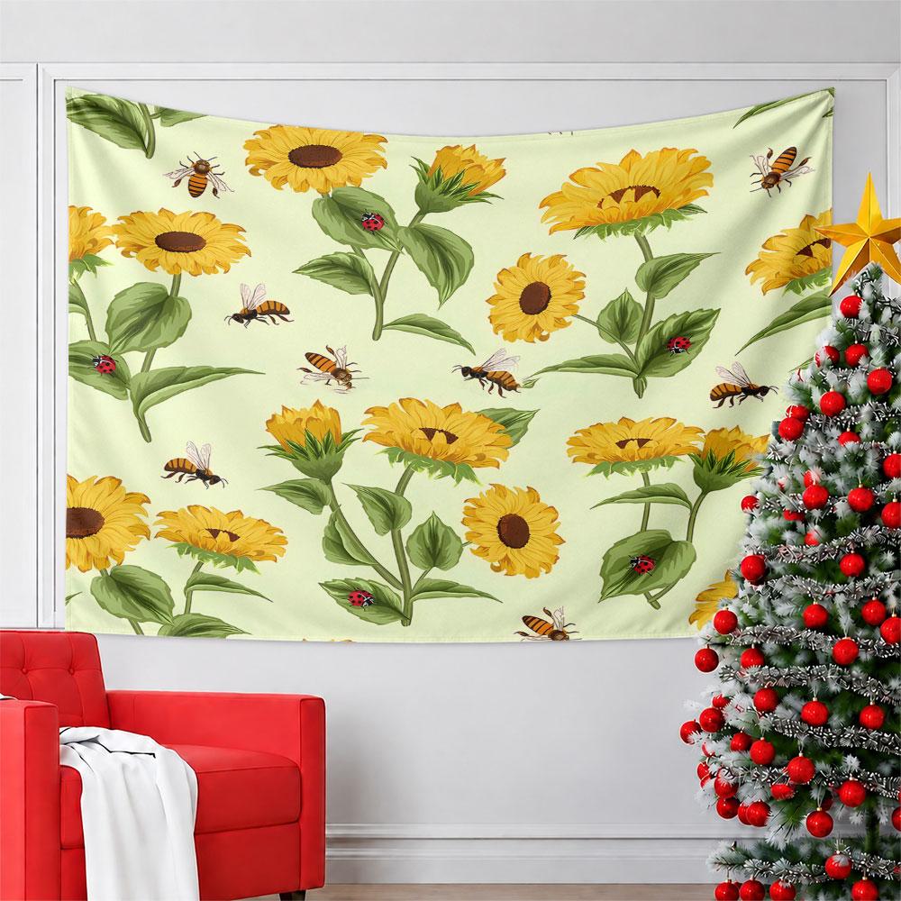 Sunflowers, Bees, and Ladybugs Pattern Pattern Wall Hanging Tapestry Decorative Tapestry Home Decor for Bedroom and Living Room