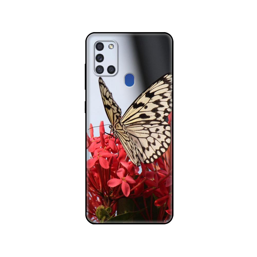 Černé TPU pouzdro pro Samsung Galaxy A50 50S A30S A10 A01 A11 A21S A31 A41 A51 A71 M21 M30S S10 LITE Červený motýl na květu růže