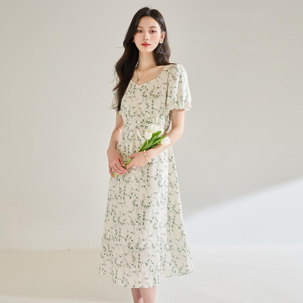 

Summer new French floral short-sleeved temperament chiffon dress women s sweet V-neck lace-up coffee break dress S светло-зеленый