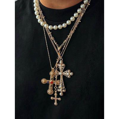 American Baroque Gold Cross Necklace Pearl Multi-Layer Twin Fashion Retro Fancy Sexy Sweater Chain