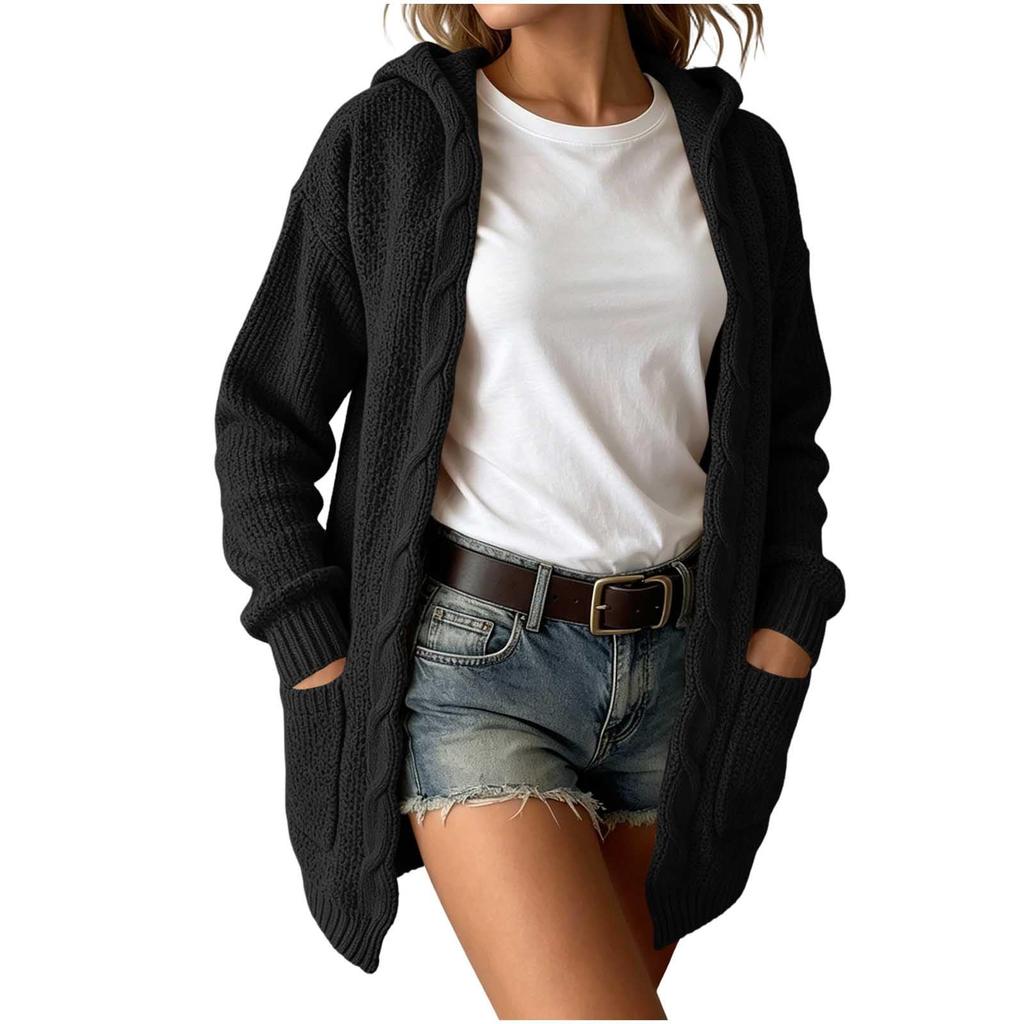 Women's Casual Hooded Cable Knit Cardigan with Pockets, Color Loose Fit