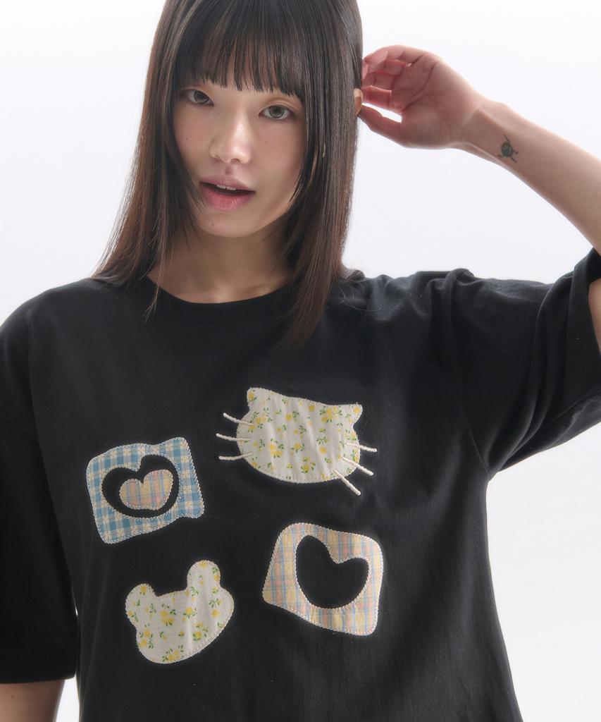 AMBLER Meow Bear Applique Embroidery Short Sleeve T-Shirt As1309 (Black)