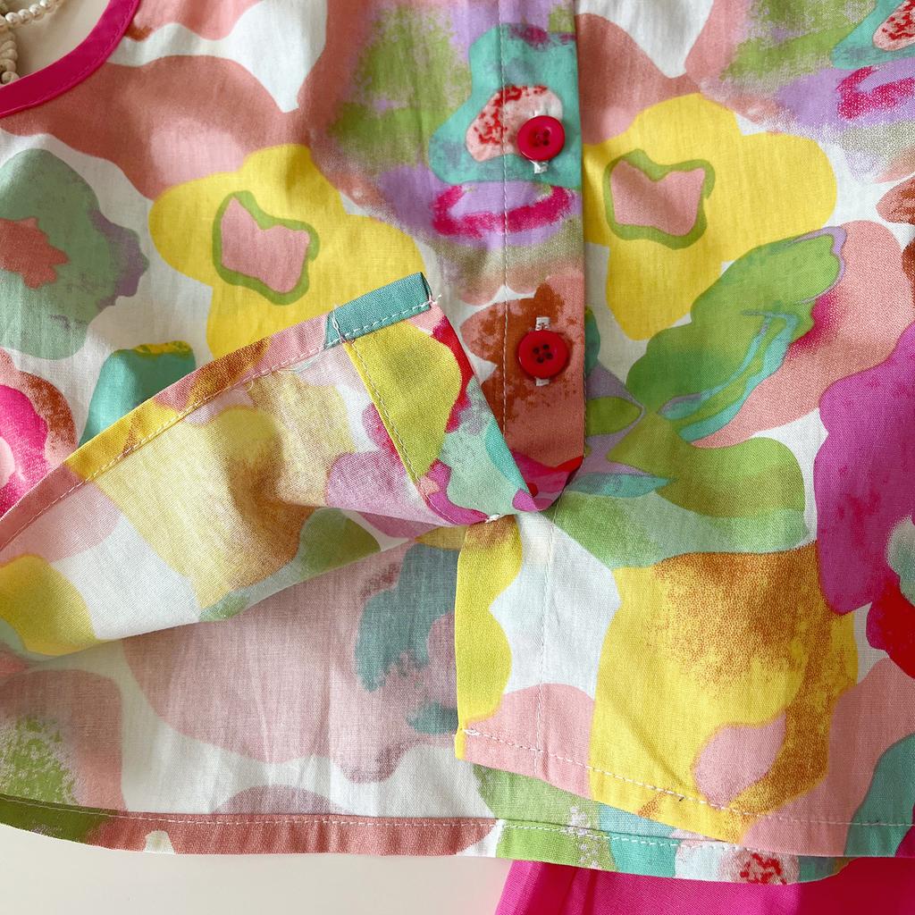 Girls' Summer Set Korean Printed Sleeveless Round Neck Suit Shirt and Pants Set Girls' Casual Two-piece Set