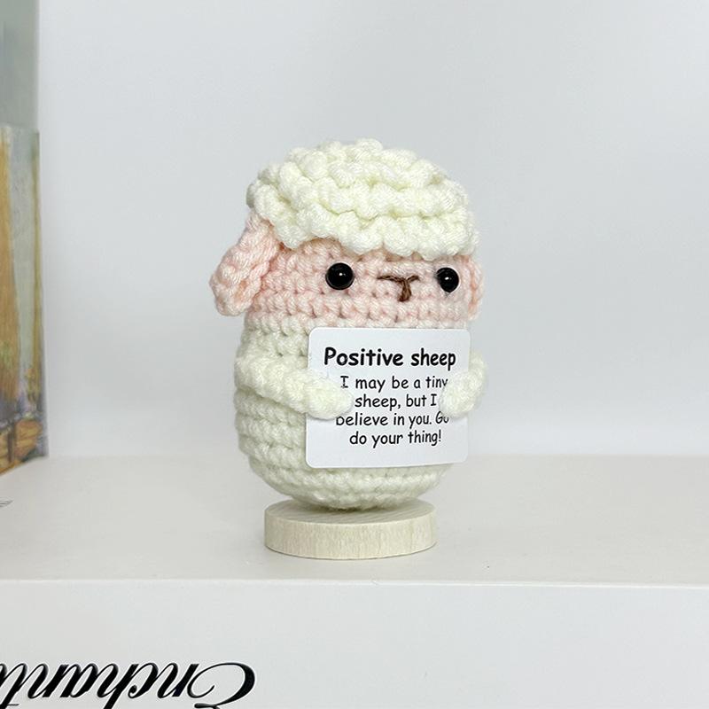 Cute Handwoven Knitted Positive Energy Sheep Dolls With Card Funny Crochet Emotional Support Animal Sheep Desktop Ornament Gifts