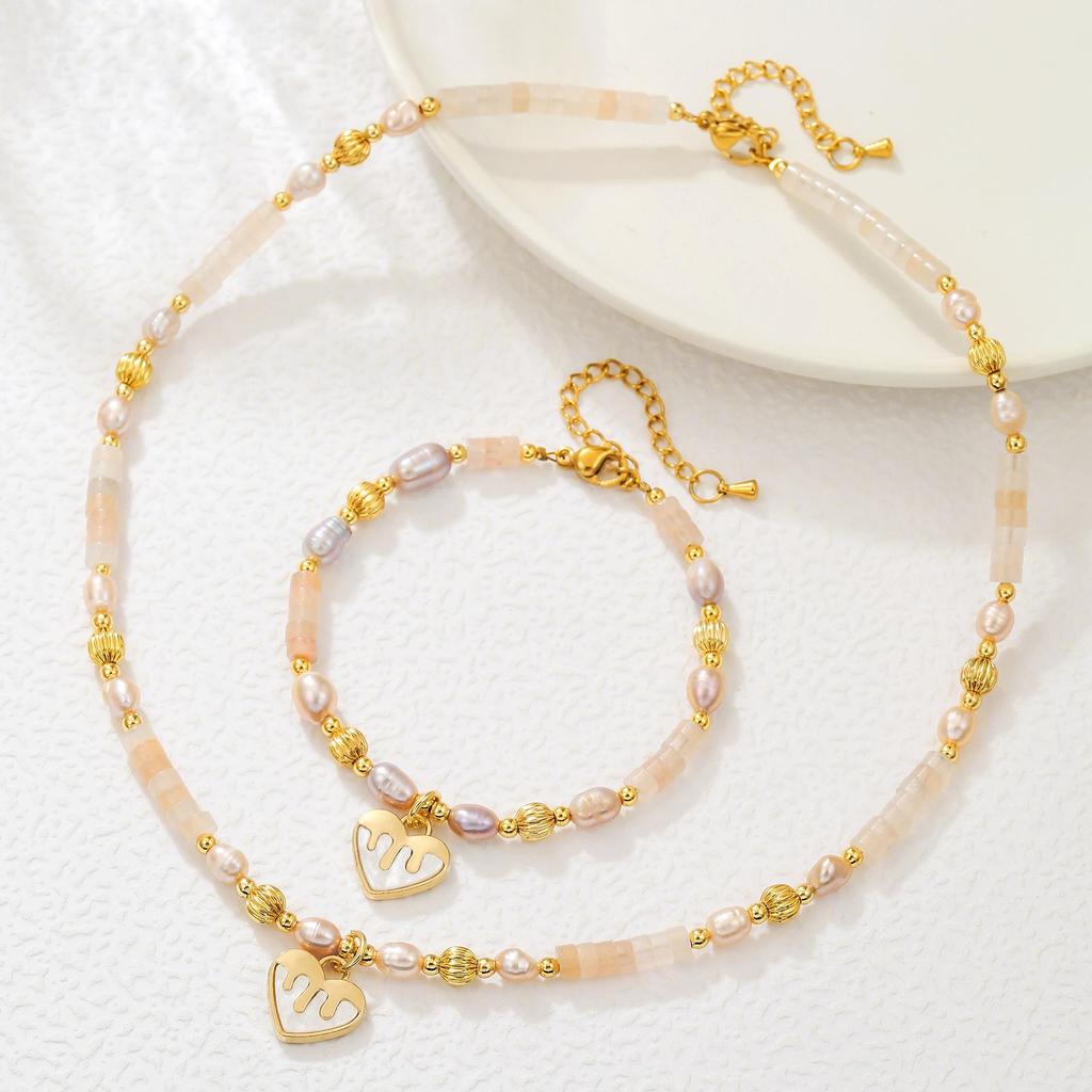 Champagne Freshwater Pearl Necklace & Bracelet Set with Heart Pendant and Crystal Accents, Autumn 2025 Collection