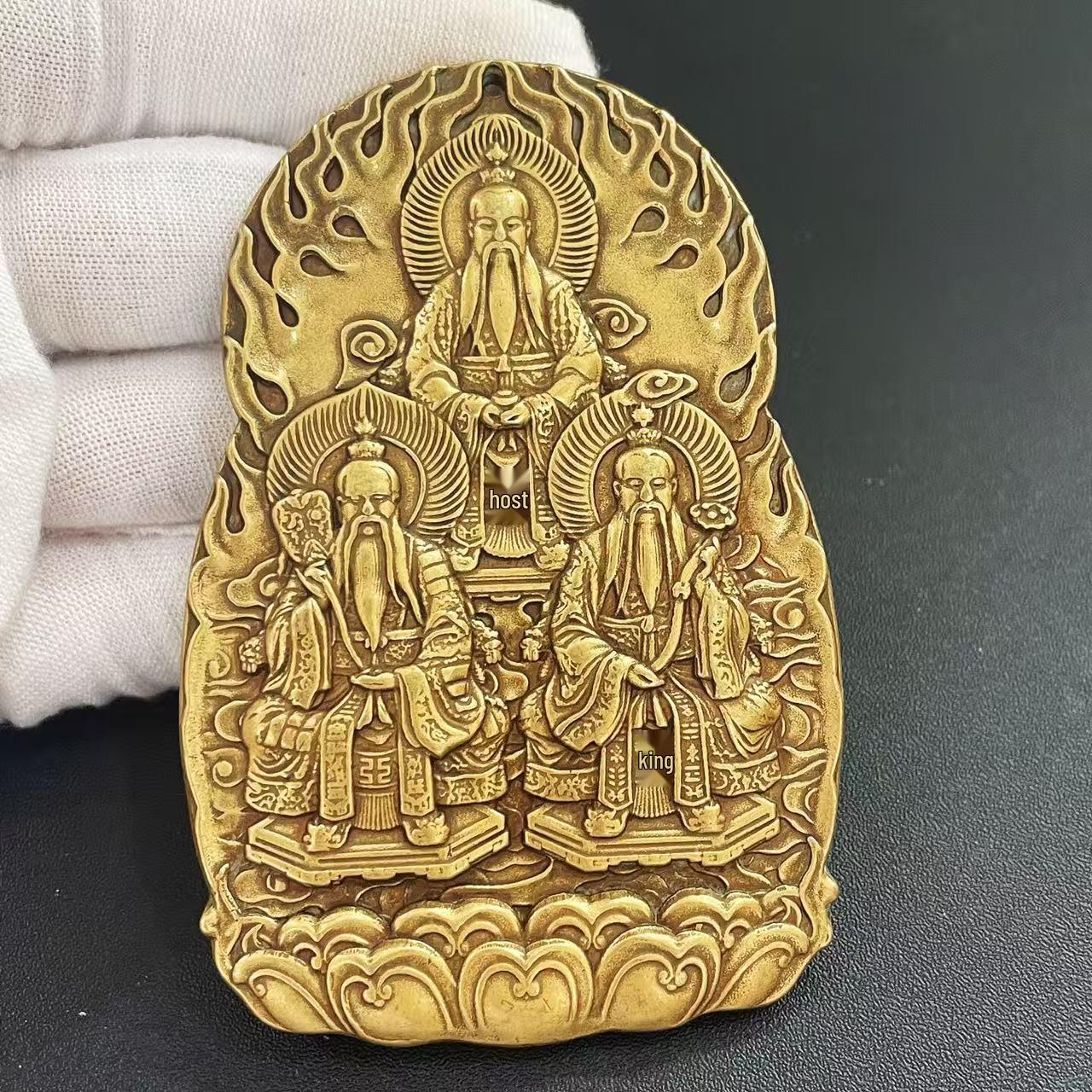 Brass Cinnabar Pendant of the Three Pure Ones: Yuqing, Shangqing, and Taiqing Tianzun 90x58mm