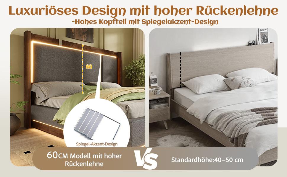 160x200 Double Bed Upholstered Bed with Slatted Frame, LED & Bed Drawer, Hydraulic, Linen Grey & Walnut, without Mattress