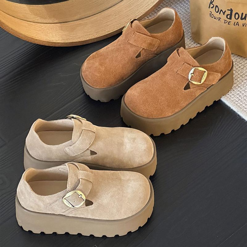 Leather retro Birkenstocks women's autumn new platform heightening loafers fashion versatile casual single shoes trend