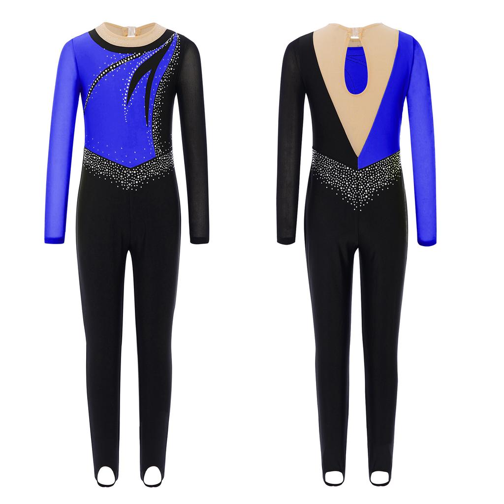 Mädchen Gymnastikkostüm Langarm Mesh Patchwork mit glänzenden Strasssteinen Schlüssellochrücken Tanz Jumpsuit
