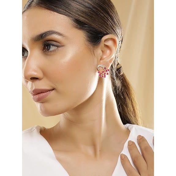 Women's Rose-Gold Plated Peacock Shaped Ruby Studded Earrings