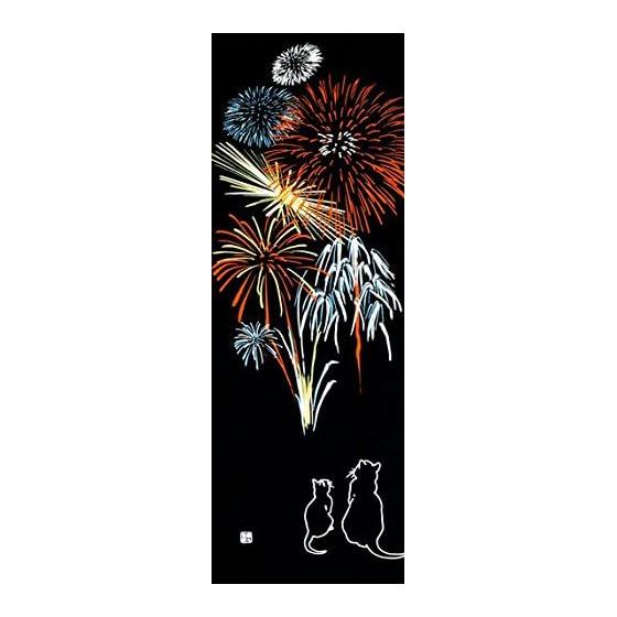 Somen Anbo Tenugui Fireworks and Cats Hand-dyed 100% Cotton Tokka Made in Japan 35cm x 100cm