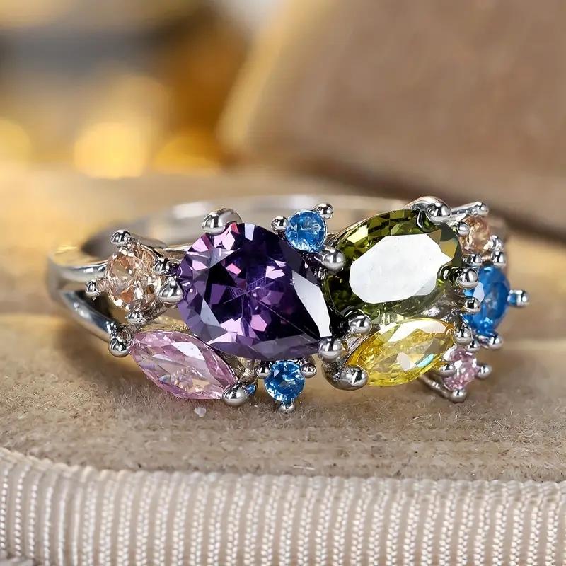 Sweet Silver Color Rings With Multicolored Cubic Zirconia For Women Wedding Party Engagement Fancy Accessories Jewelry