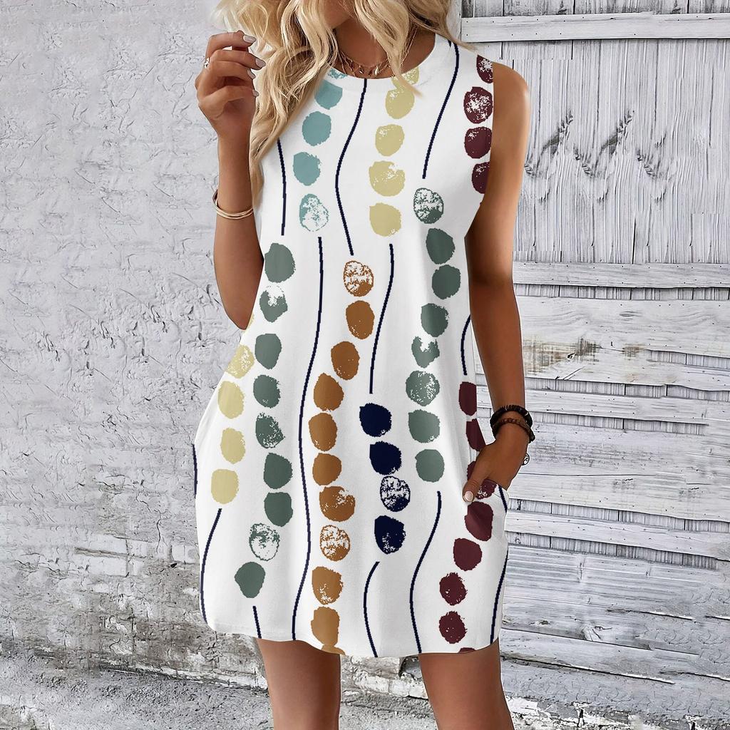 Women's Casual And Fashionable Round-neck Sleeveless Printing Mid Length Dress