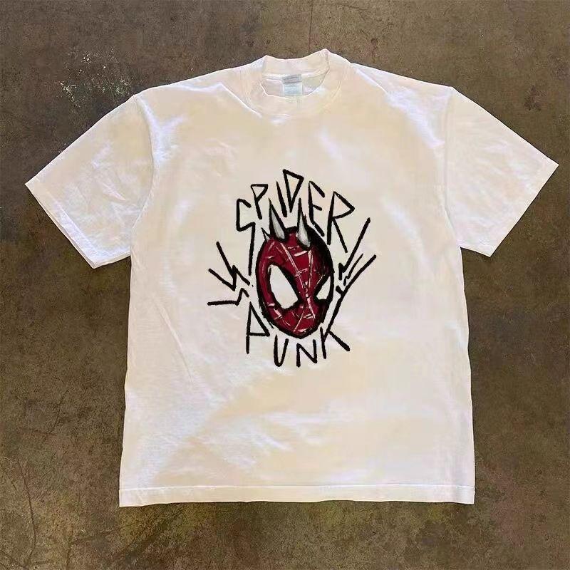 

American Street Fashion Brand Spider Man Letter Pure Cotton Short Sleeved T-shirt Men Women Summer Hip-hop Loose Half Sleeved S