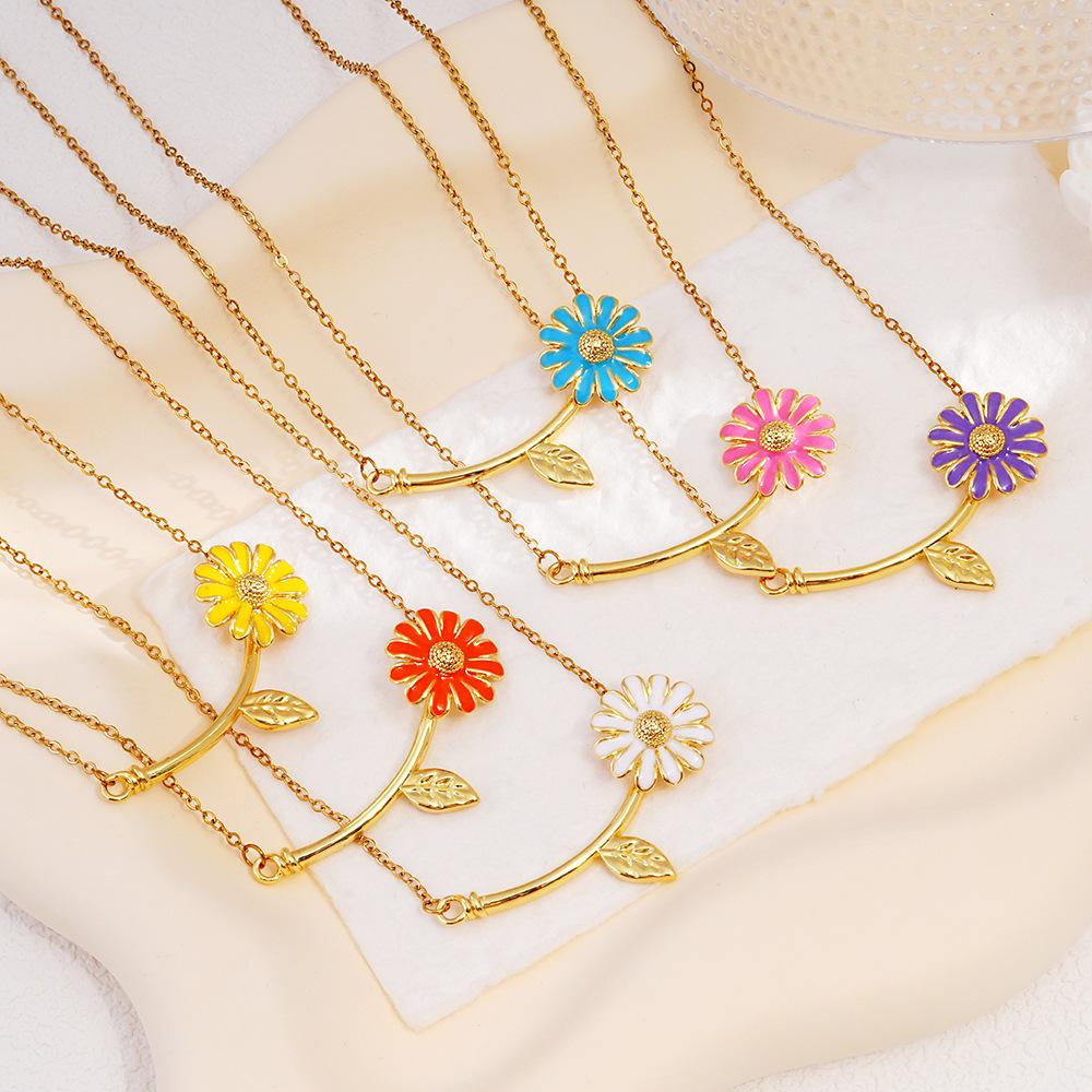 Sweet Colorful Enamel Daisy Choker Necklace Stainless Steel Chain Jewelry Gifts for Women Teen Girls