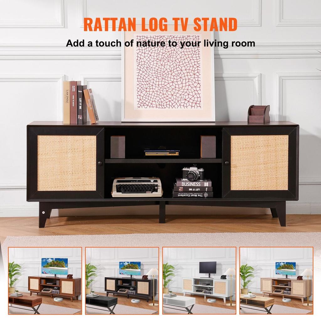 Rattan TV Stand for 75" TV Boho TV Stand with Build-in Socket Black