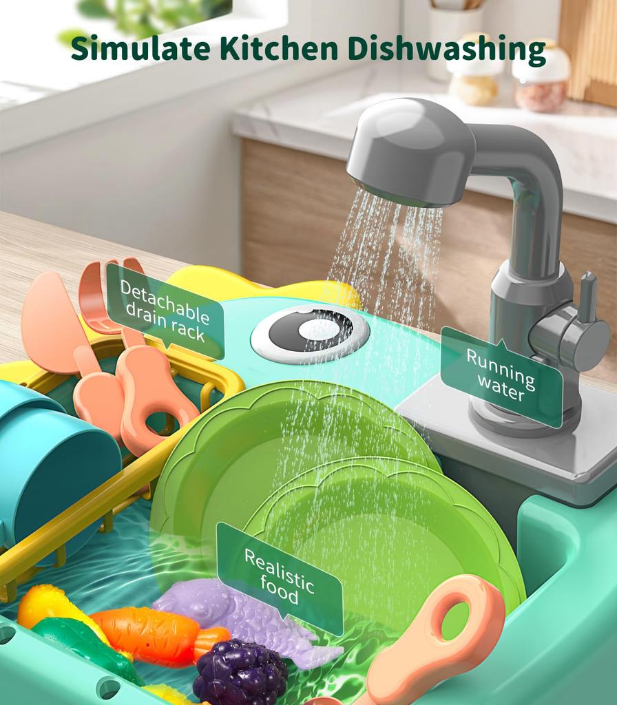 Toddler Sink Toy Play Sink with Running Water Automatic Water Cycle System Kitchen Kid Pretend Role Play Dinosaur Dishwasher Toy