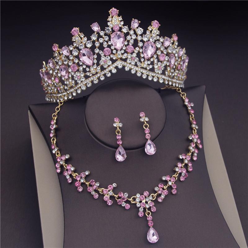 Costume Bridal Jewelry Sets Rhinestone Crystal Gold Pink Tiara Crown