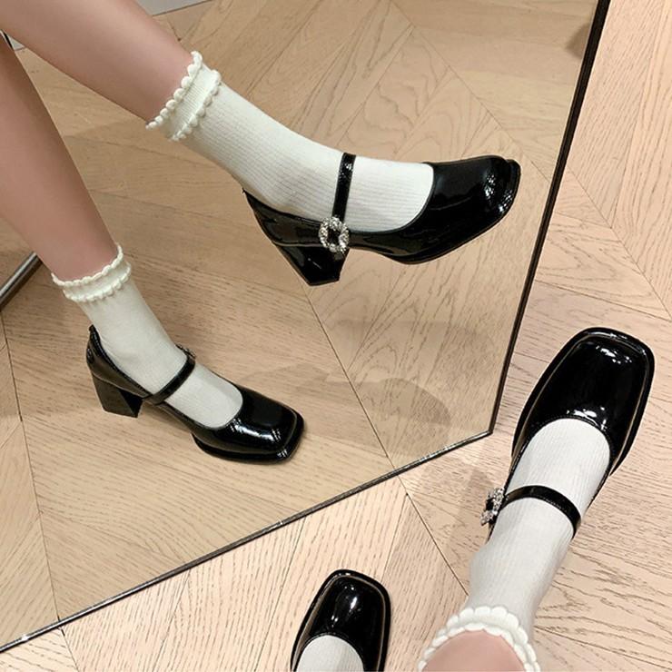 Sheepskin version~ leather thick heel French retro rhinestone Mary Jane shoes women's high heels one-word buckle light mouth jk single shoes
