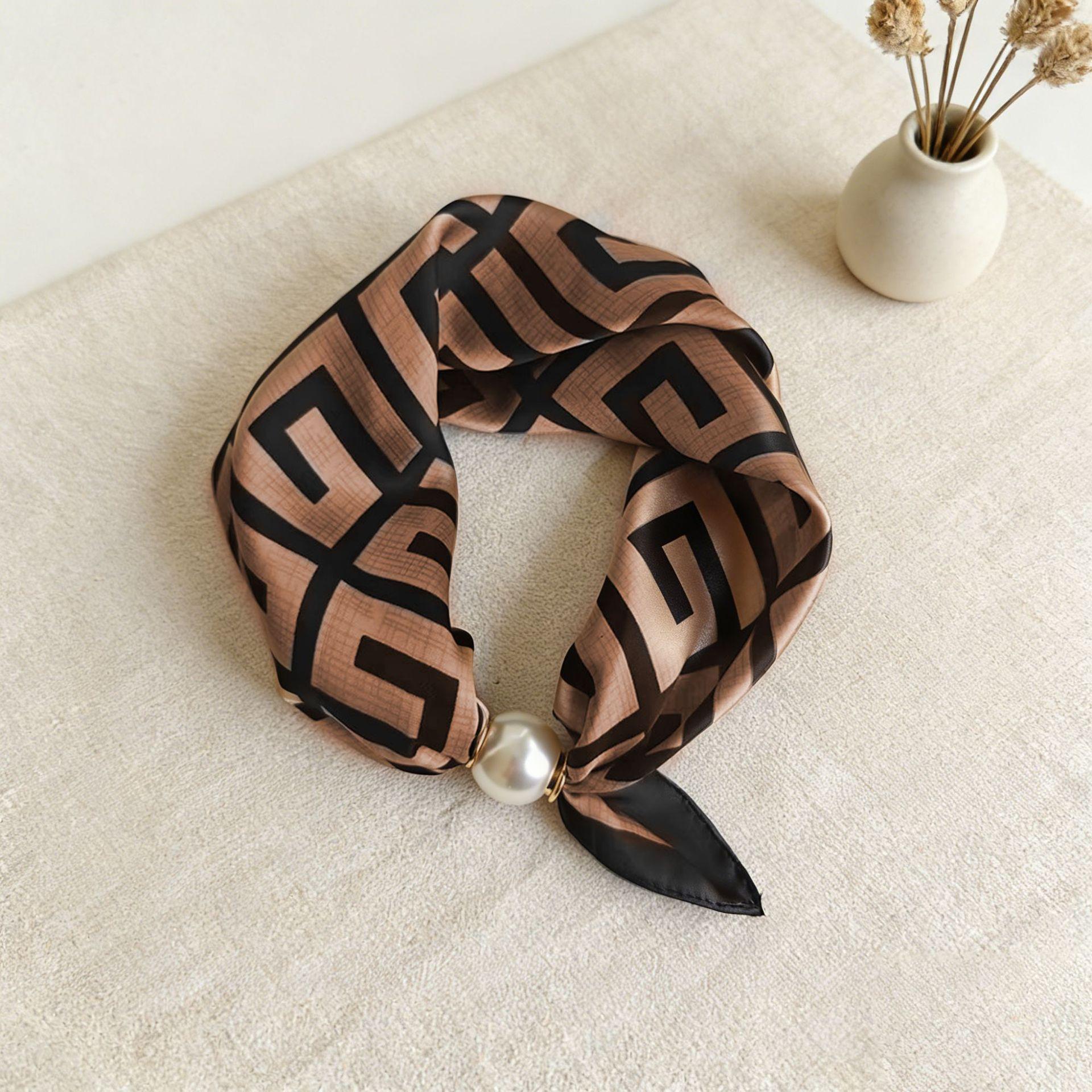 Luxe Zijden Sjaal Gesp Dunne Kraagbeen Parel Luie Magnetische Ketting Vrouwelijke Nek Sjaal Hanger Sjaal Wraps Vrouw Designer Merken 47x15cm black