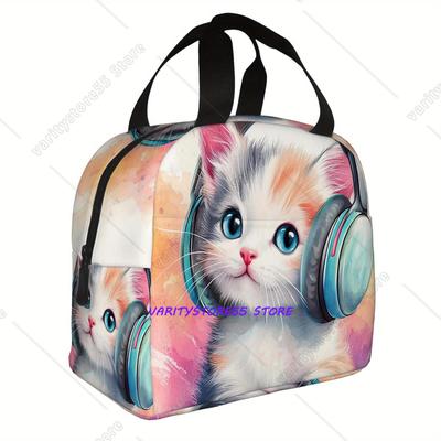 Cute Kitten with Headphones  Lunch Box for Leakproof Thermal Cooler Food Insulated Lunch Bag School Children Student