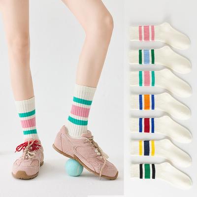 Herren- und Damen-Ringel-Langsocken aus gekämmter Baumwolle ohne Naht, Trendige Mid-Calf-Baumwollsocken, Kuschelsocken