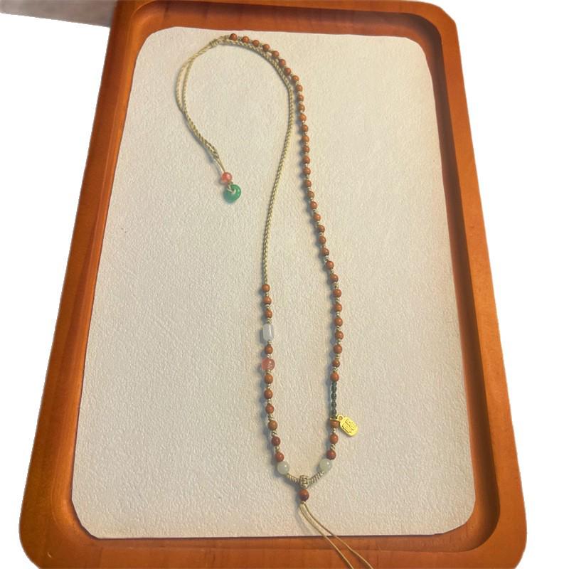 Hand-Woven Olive Pit & Dzi Bead Necklace with Adjustable Ethnic-Style Pendant Lanyard
