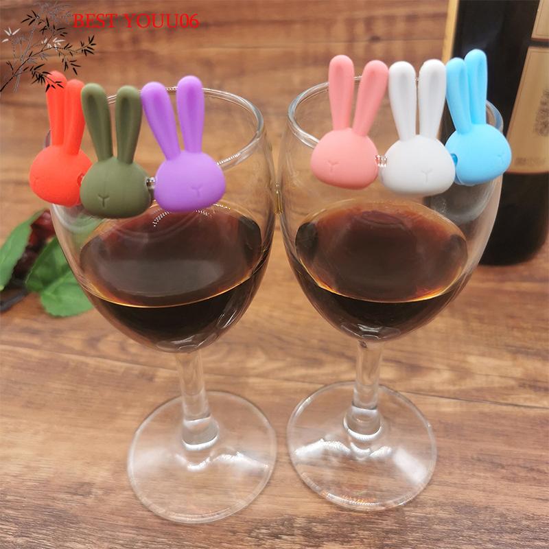 Hot 6Pcs Wine Glass Marker Creative 3D Rabbit Ears Silicone Drink Charms Wine Identifier For Champagne Cocktails