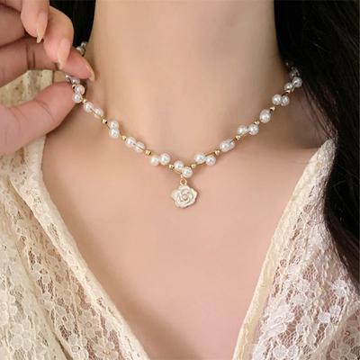Classic Pearl White Camellia Necklace Sweet Spring Pendant Chain Picnic Party Jewelry Accessories Gift for Women