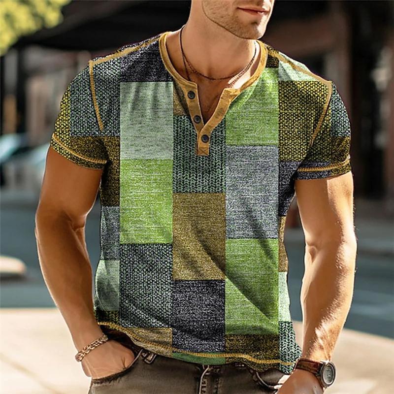 Men'S Summer T Shirt Retro Patchwork Button Short Sleeve Men'S Waffle Trendy Casual Breathable Button T Shirt Attendance Wear