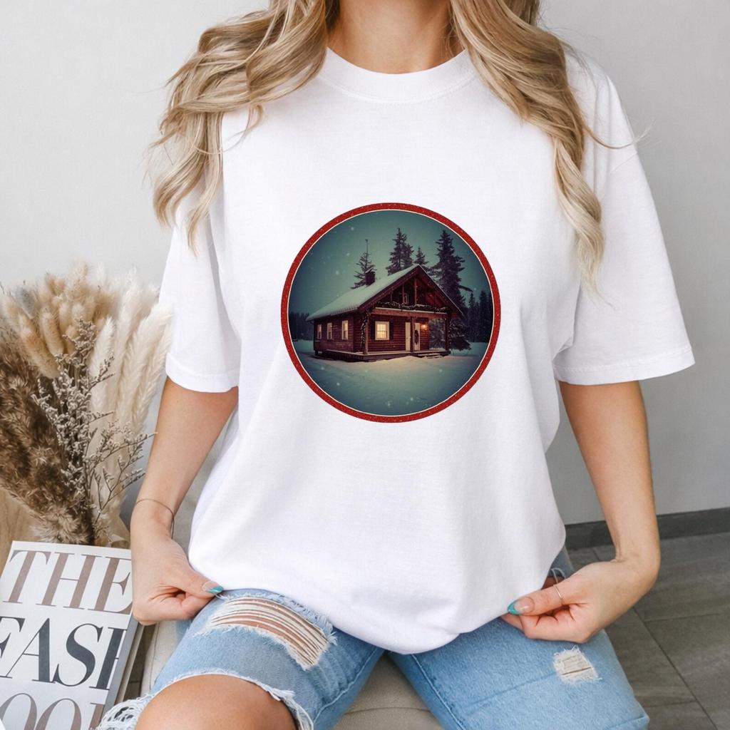 Snowy Cabin Night Graphic Tee | Lodge Circle Illustration Shirt | Winter Cabin T-Shirt | Mountain Lodge Graphic Tee | Cozy Unisex Shirt