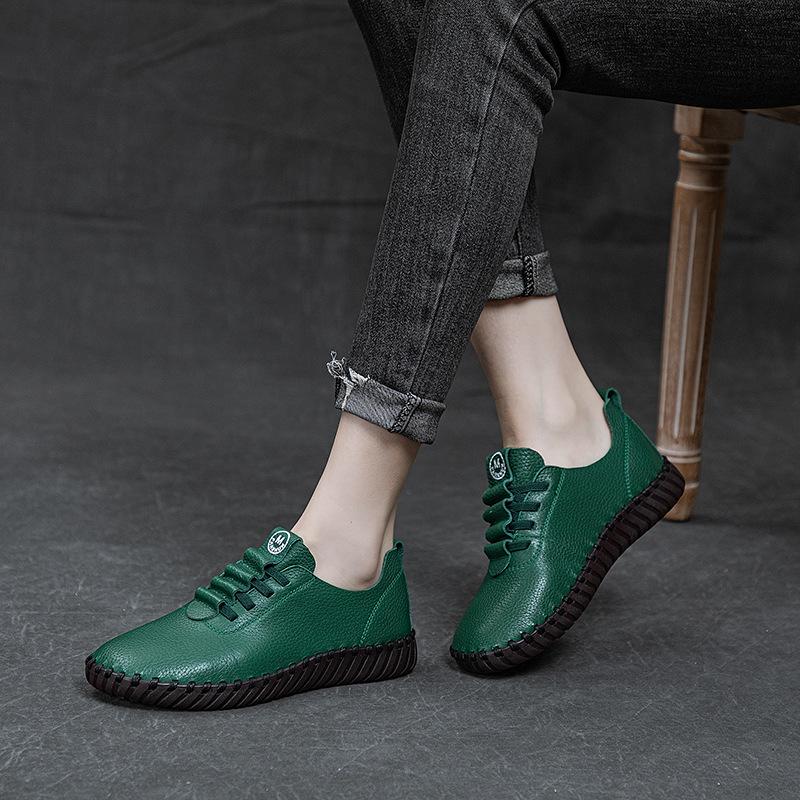 Top layer cowhide sewn bag shoes, soft soled soft top casual shoes for women, easy to wear on one foot, retro mom single shoes