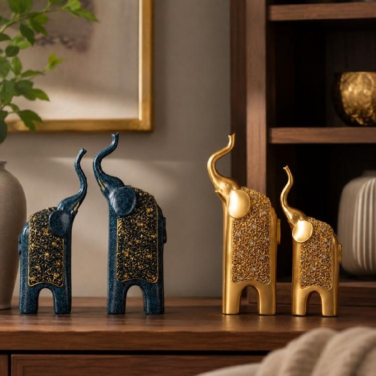 Decorative Elephant Figures, Two-Piece Sculptural Pair with Ornate Lifted-Nose Design for Office and Living Room Styling