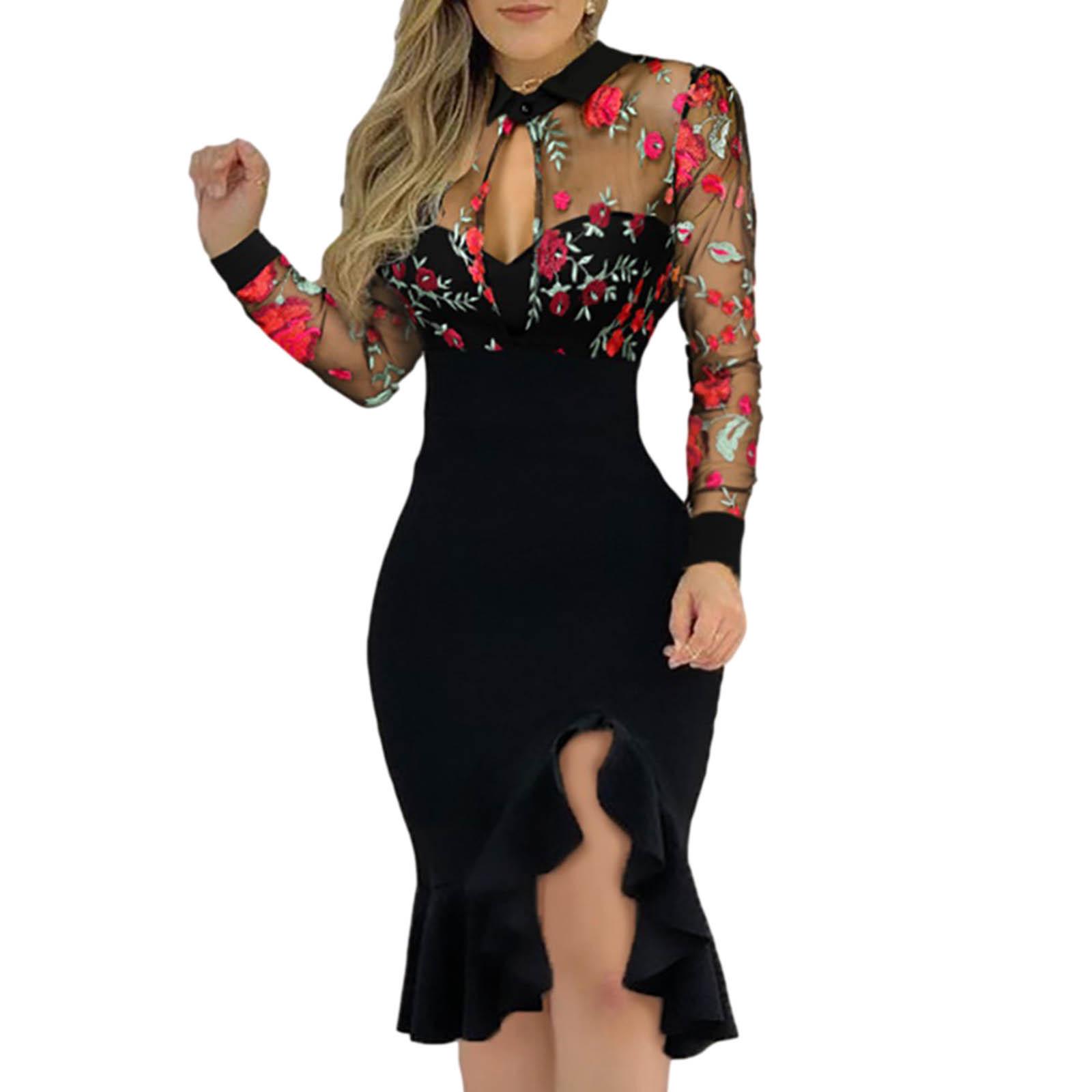 

European & American Women s Embroidered Sequin Mesh Ruffle Long Sleeve Dress XL