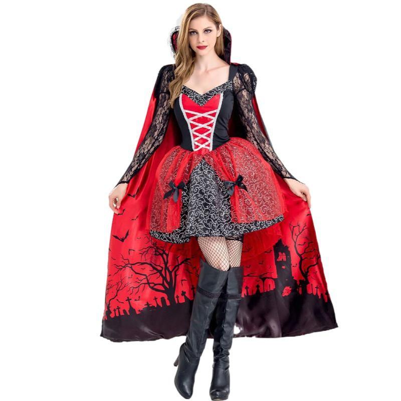 Halloween Witch Costume Women Cosplay Party Outfit Vampire Zombie Devil Queen Dress With Cape