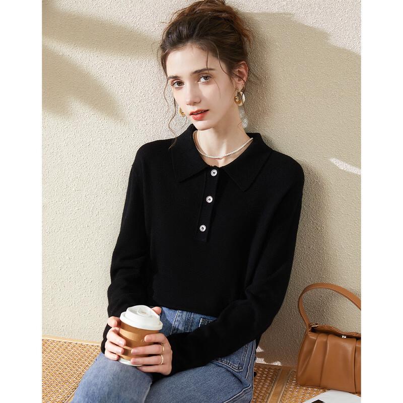 TUHUANG Women's Pure Wool Polo Collar Knit Top