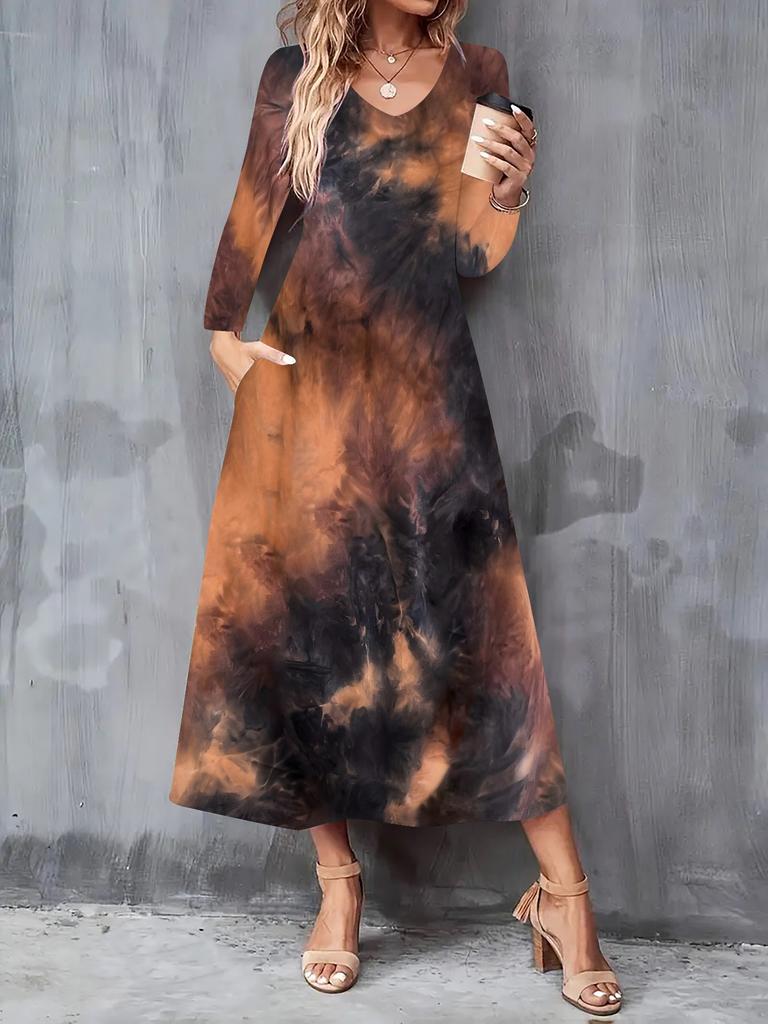 Nowa damska sukienka casualowa na jesień i zimę 2025 z modnym nadrukiem 3D tie-dye, z długim rękawem, dekoltem w serek, w fasonie A
