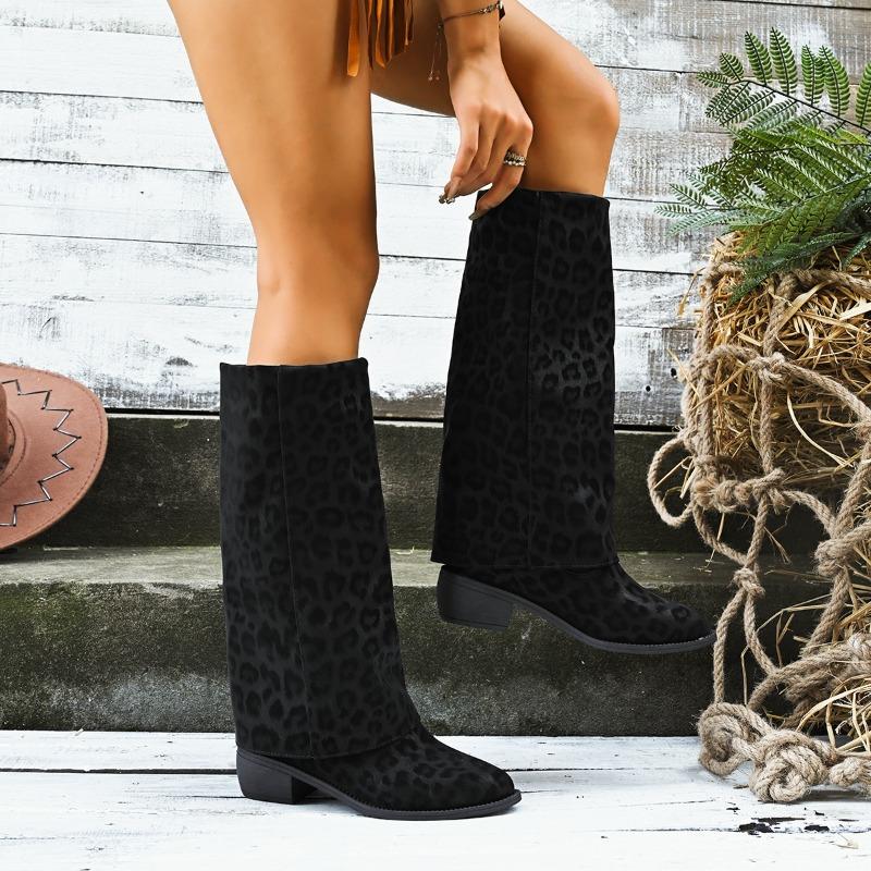 Fashion Retro Suede Leopard Skinny Autumn/Winter Knee-Free Boots New Autumn Stack Pointed Toe Non-Slip Tall Boots