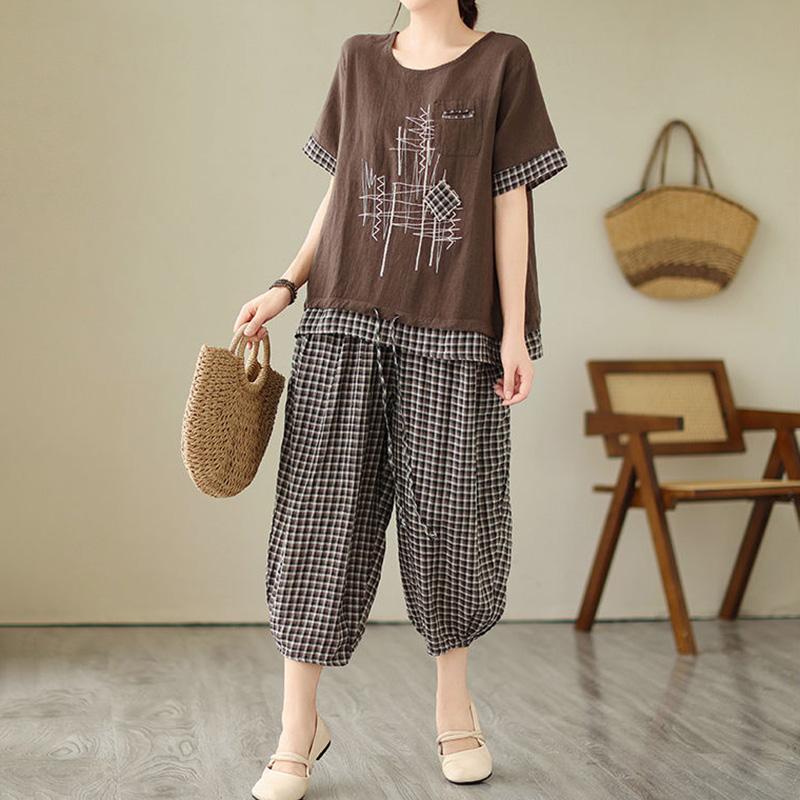 

2PC Summer Suit Women Cotton T-shirt Pants Two-piece Comfortable Short-sleeved Top and Longs Pants Loose Oversied Suit XXL дубильна кора