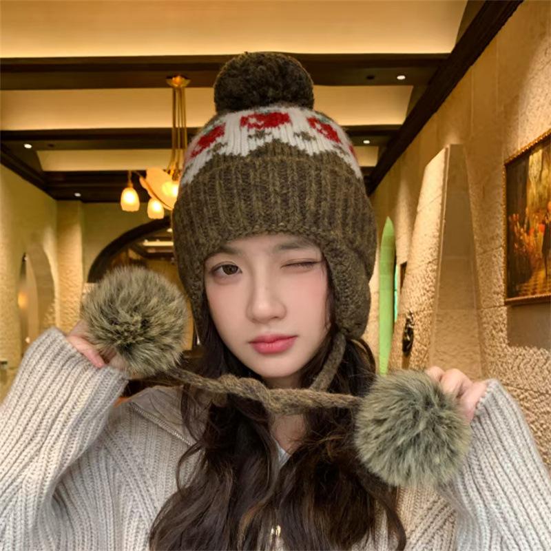 Autumn and Winter Warm Ear Protection Wool Hat New Red Fair Island Plaid Cute Hairball Knitted Hat Children