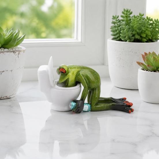 Imaginative Resin Crafts Drunk Frog on The Toilet Decor, Funny Sculpture Tabletop Unique Home Decorations Cute Desktop Ornament for Office Desk
