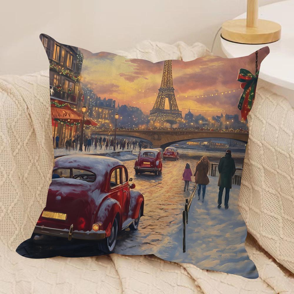 World Landmark Christmas Cushion Cover Silky Short Plush Invisible Zipper Dustproof Sofa Pillow Case For Home Decor