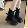 Thick Bottom Women Western Cowboy Boots Fashion Belt Buckle Autumn Winter Female Slip On Mid Calf Booties