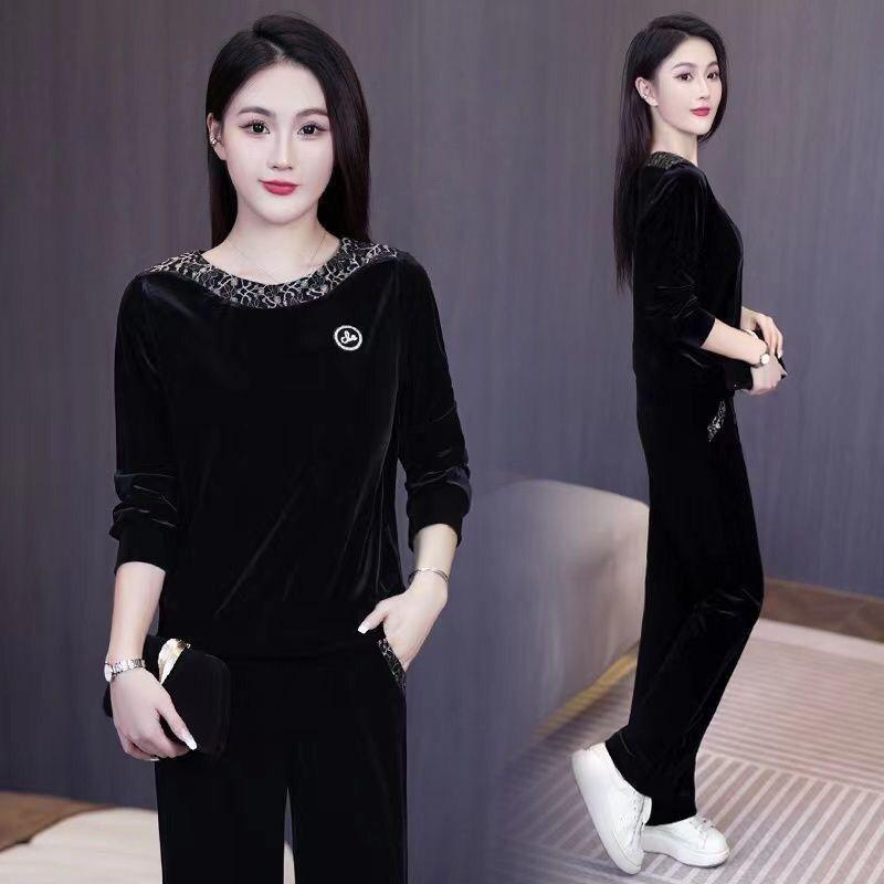 Gold Velvet Embroidery Suit for Women, Autumn and Winter Fashionable Casual Top, Straight Pants Two-piece Set