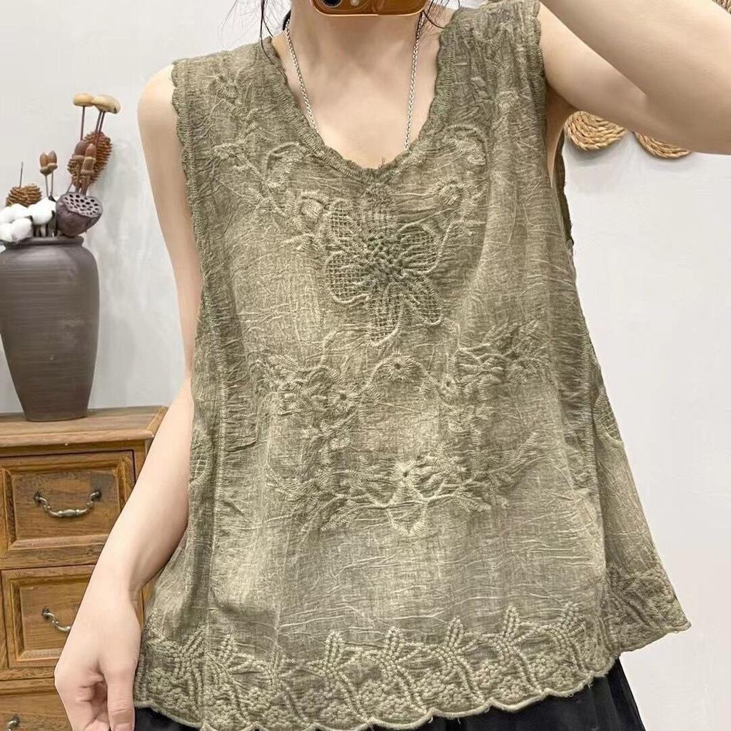 Spring and summer new pure cotton heavy industry embroidery embroidery pullover vest women's loose and thin literary suspender top