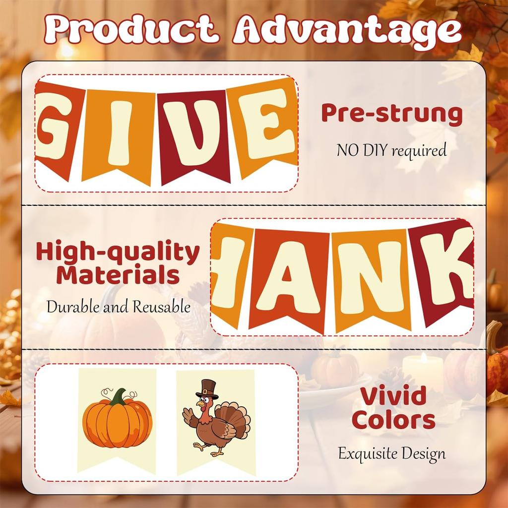 Thanksgiving Banner, Pre-Strung Give Thanks Banner Thanksgiving Hanging Decorations With Pumpkin Turkey, Fall Banners For ide Autumn Friendsgiving
